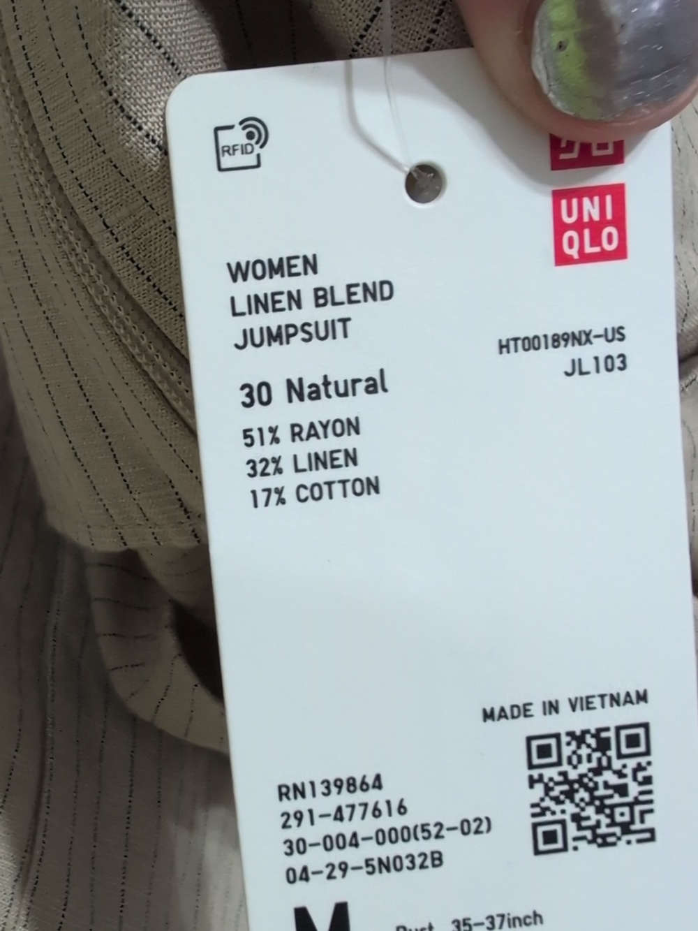 Uniqlo Linen Blend Jumpsuit Striped Color: 30 NATURAL Size Medium - Picture 6 of 8